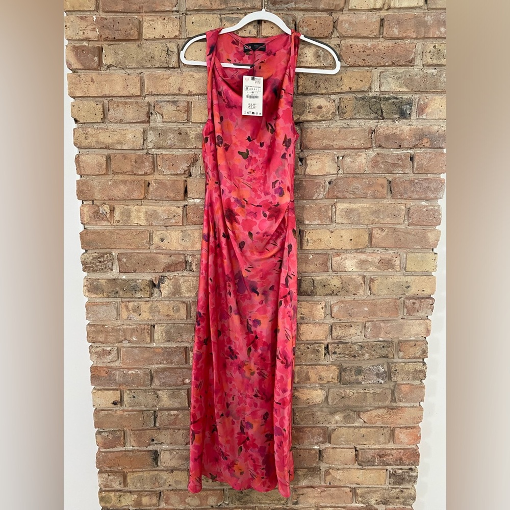 Never Been Worn Zara MIDI Satin Effect Dress Floral